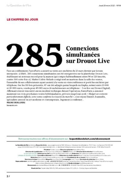 FauveParis dans Le Quotidien de l&rsquo;Art : « 285 connexions simultanées sur Drouot Live »