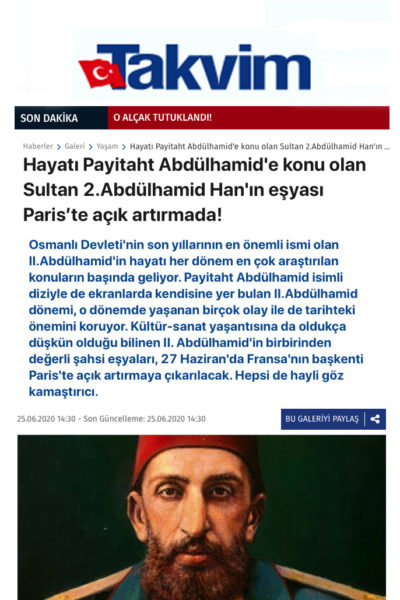 Le Quotidien turc Takvim détaille la vente de notre cabinet du sultan