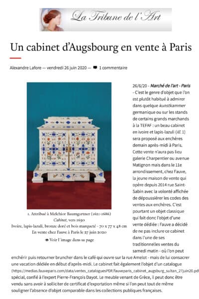 La Tribune de l&rsquo;Art annonce la vente de notre rare cabinet