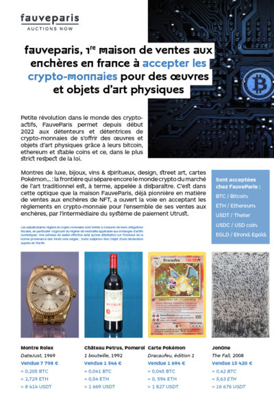 FauveParis, 1re maison de ventes aux enchères en France à accepter les crypto-monnaies pour des œuvres et objets d’art physiques